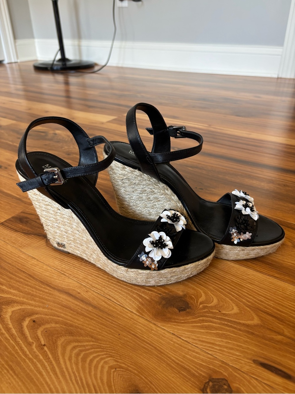MICHAEL Michael Kors Black Espadrille Wedge Sandals with White Floral Appliqués